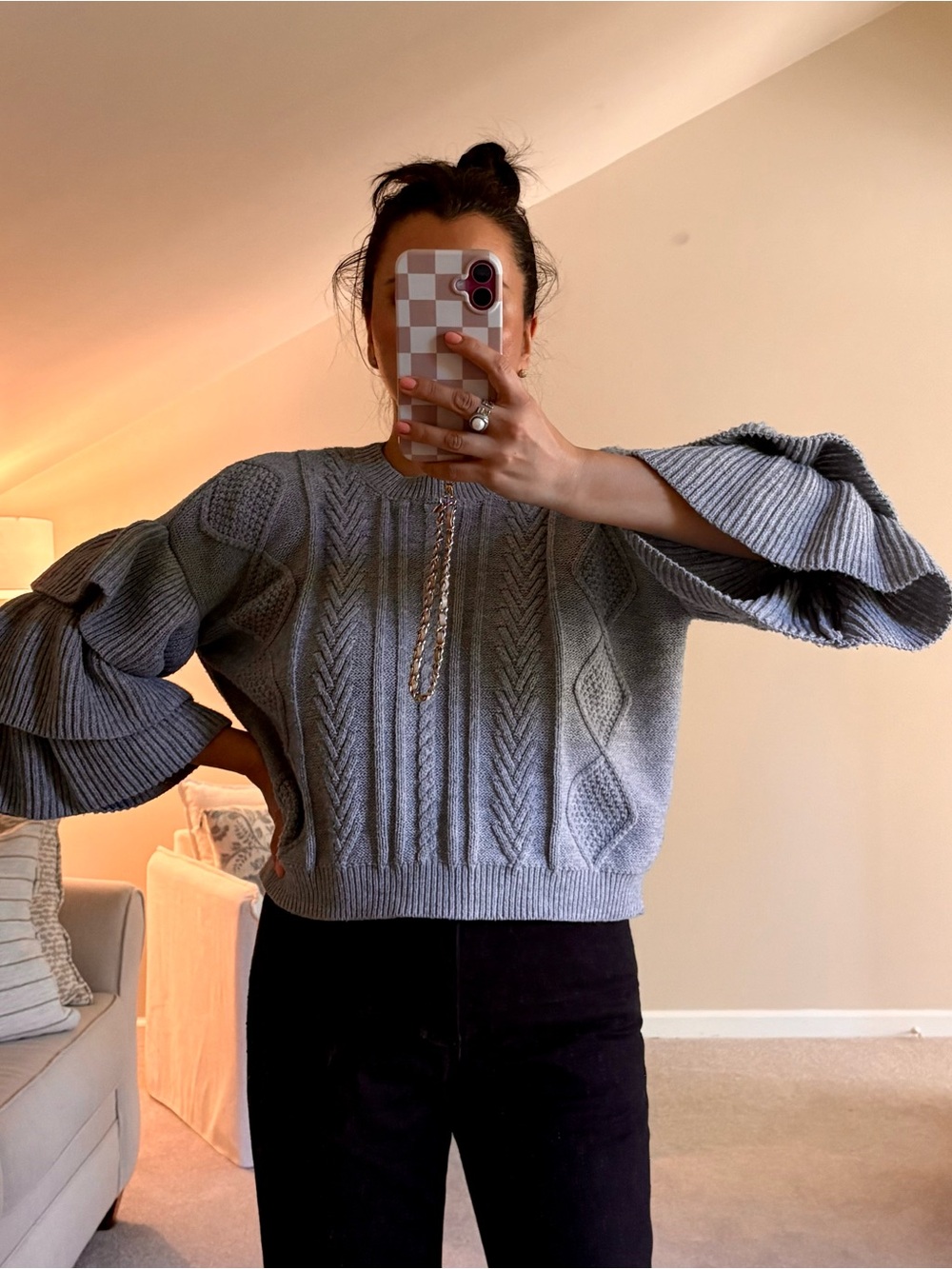 Women's Gray Cable-Knit Sweater with Ruffle Bell Sleeves